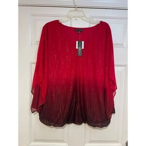 NEW Sara Michelle Womans 2X Red Ombre Sparkle Sheer Poncho Top Flowy Wide Sleeve